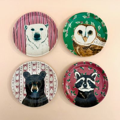 Stoneware Plate with Holiday Pattern &amp; Animal