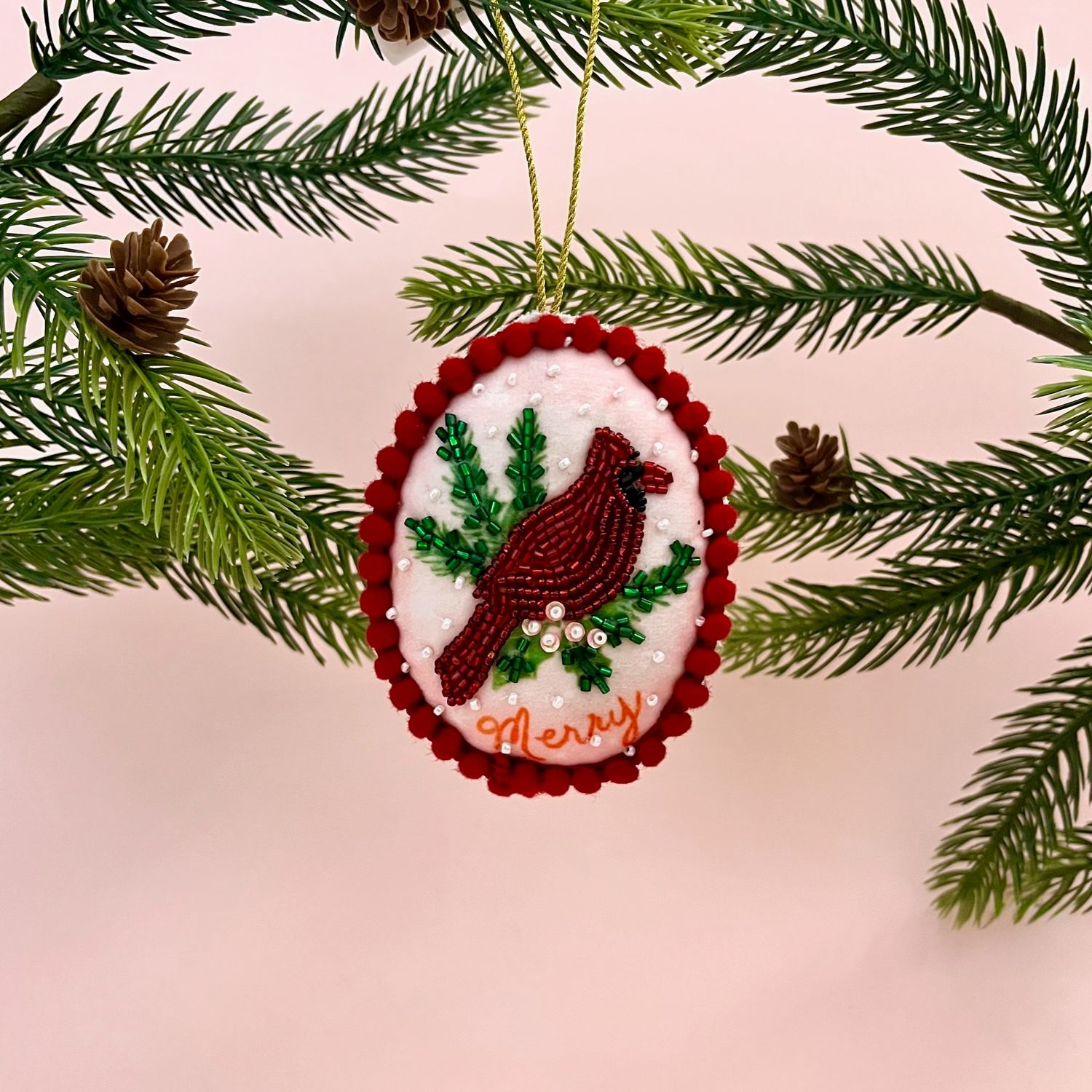 Oval Handmade Fabric &amp; Glass Beaded Ornament, Style: Merry/Cardinal