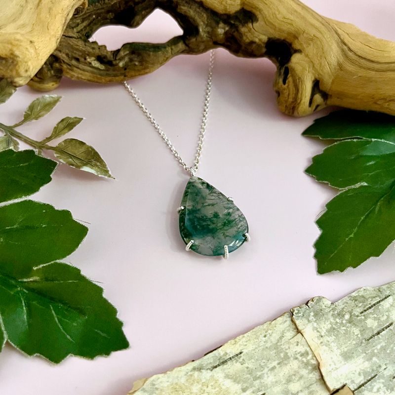Handmade Necklace with prong set moss agate