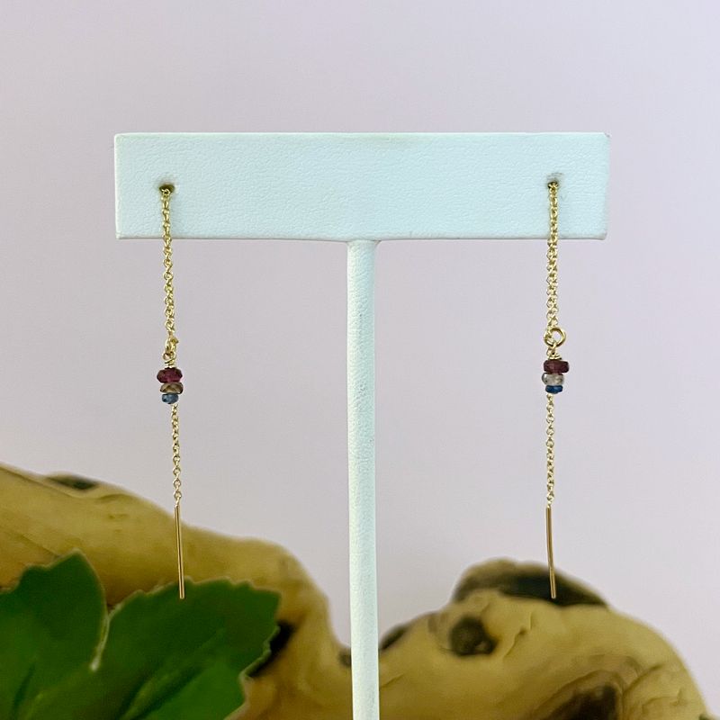 Handmade Earrings with 14 k gf thread, stack multi-colored sapphires