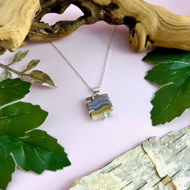 Handmade Necklace with prong set banded agate