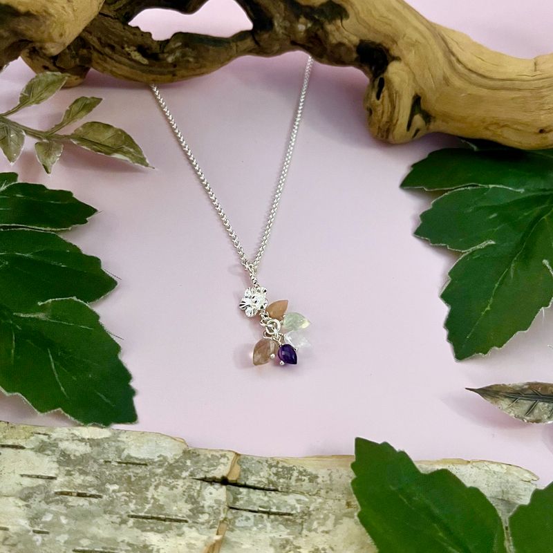 Handmade Necklace with floral bar bail, peach moonstone, amethyst, prehnite, rainbow moonstone