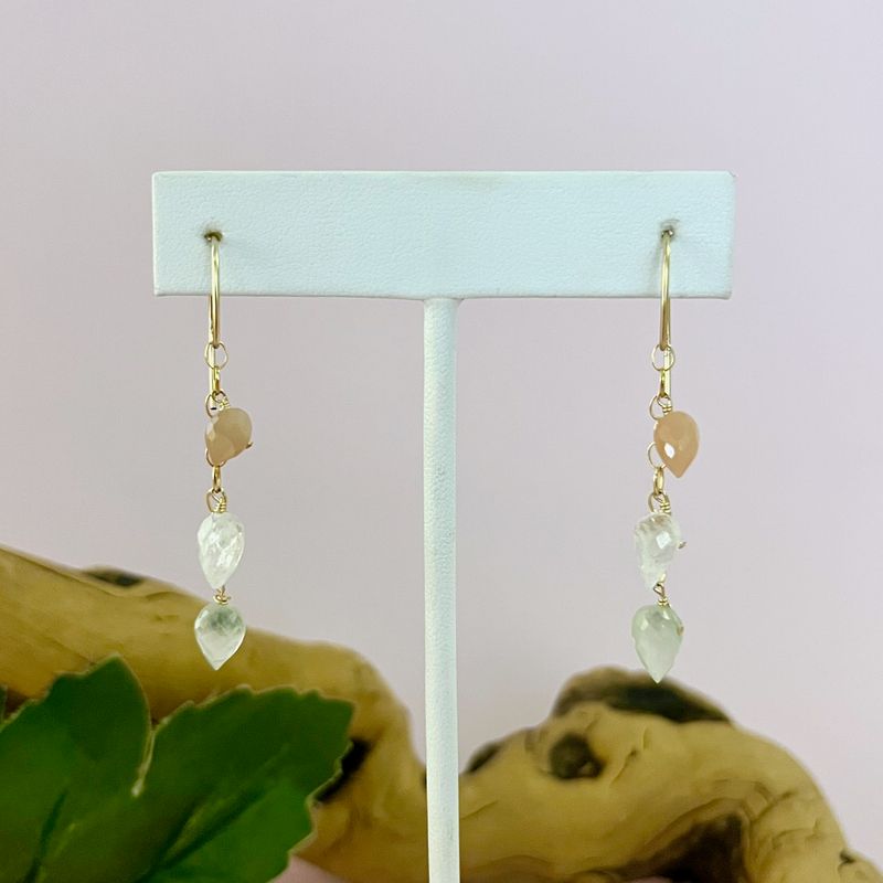 Handmade Earrings with 14 k gf dangle, peach moonstone, rainbow moonstone, prehnite