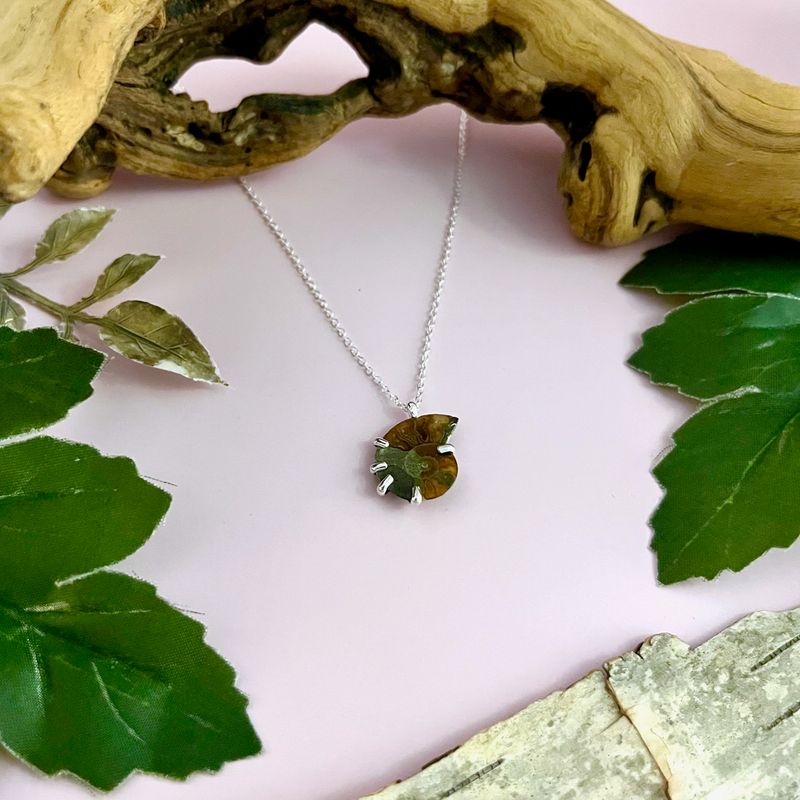 Handmade Necklace with prong set ammonite