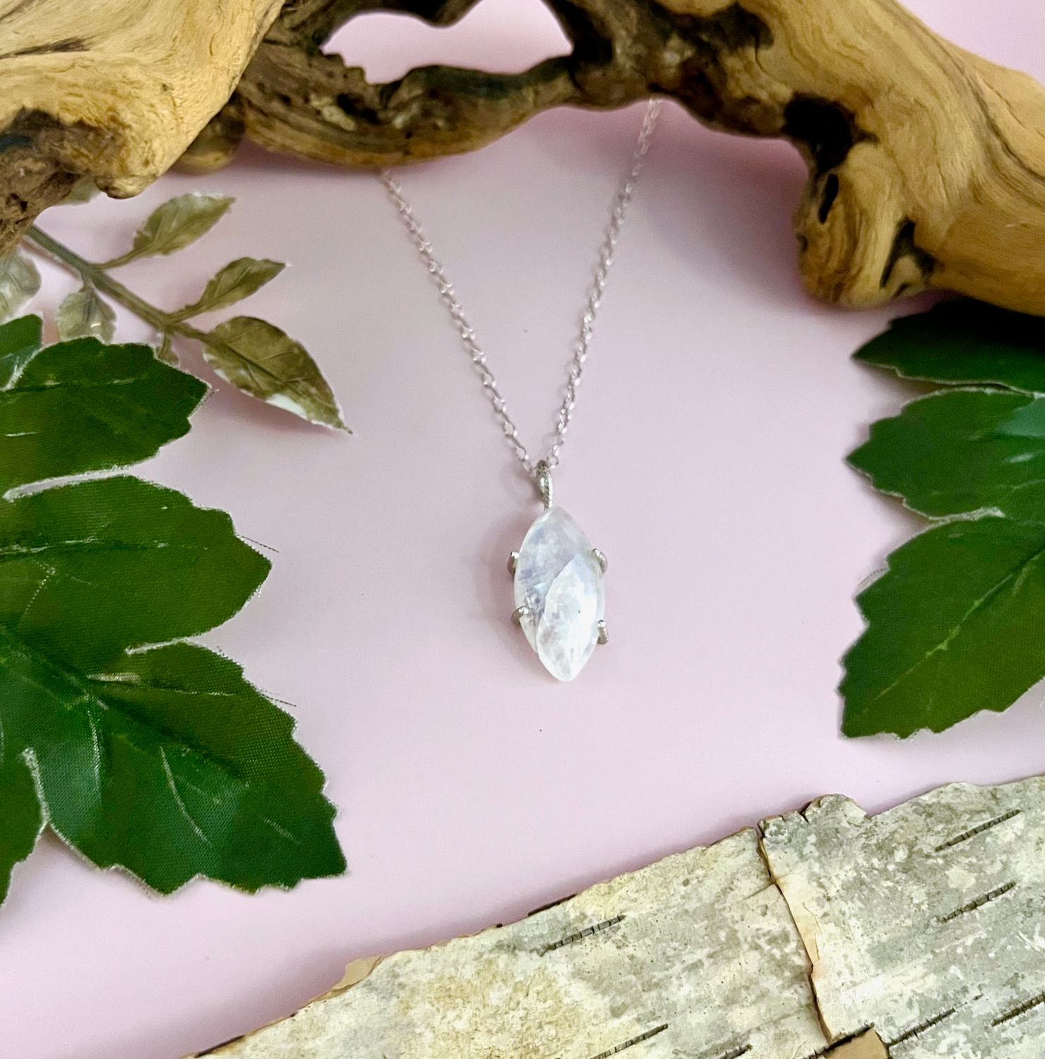 Handmade Necklace with prong set rainbow moonstone