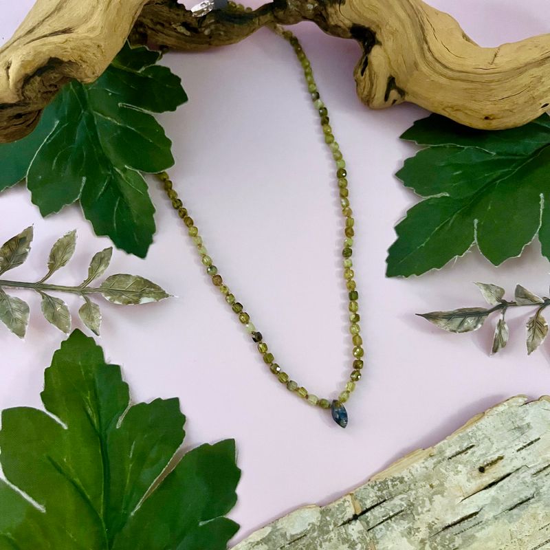 Handmade Necklace with green garnet cubes, kyanite marquise knotted on tan silk