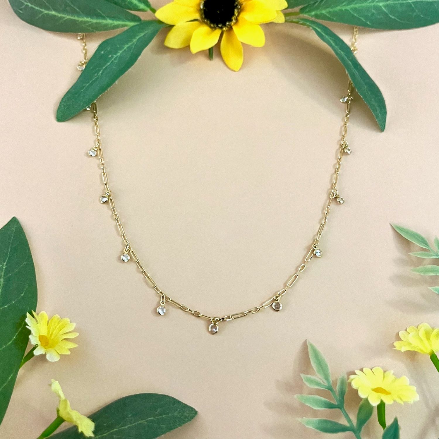 18k Gold Filled Paperclip Chain with Bezel Cz Drops Necklace, 16"
