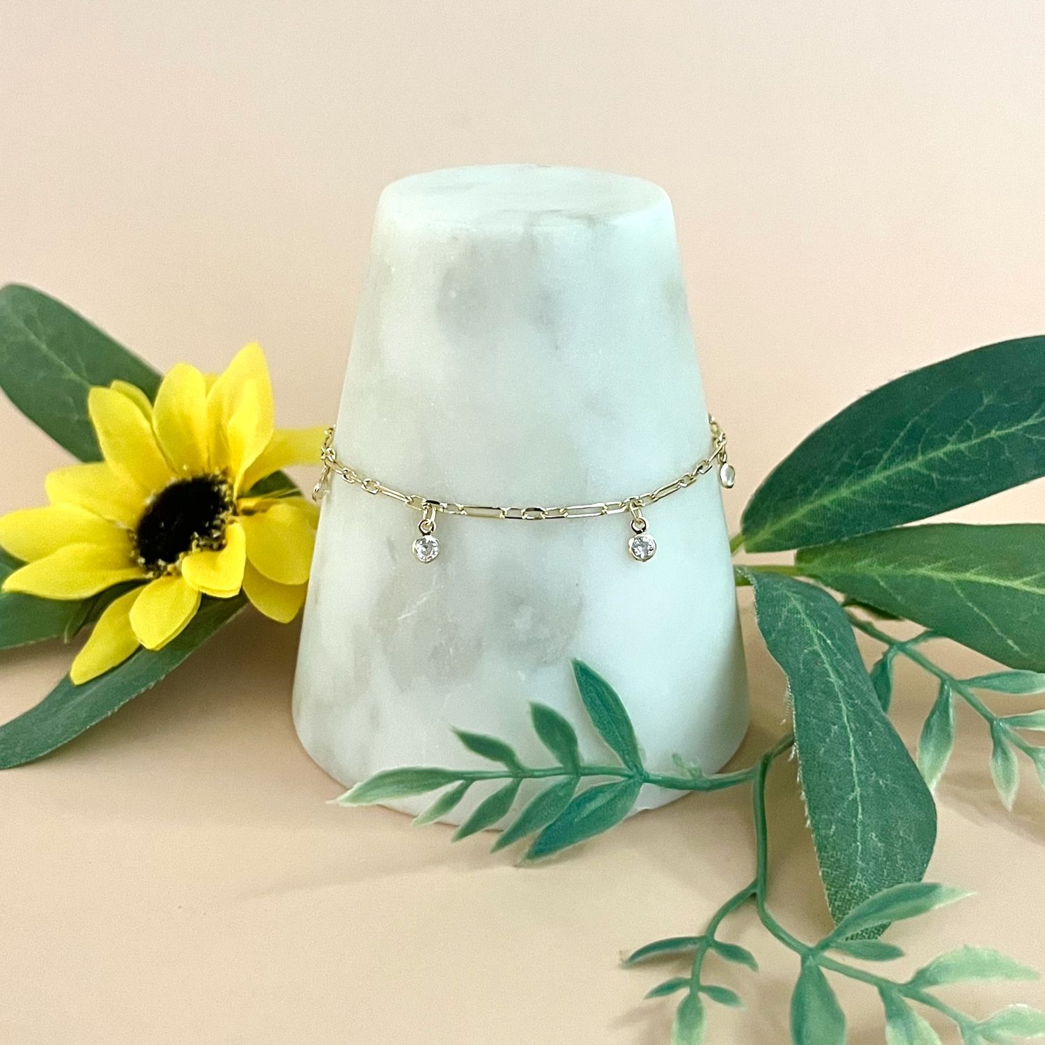 18k Gold Filled Paperclip Chain with Bezel Cz Drops Bracelet, 6.5+