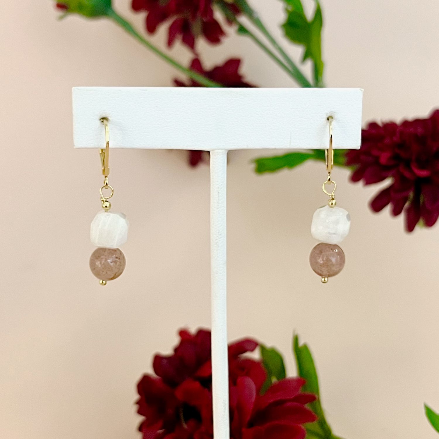 Moonstone &amp; Strawberry Quartz Drop Earrings, 14k Goldfill