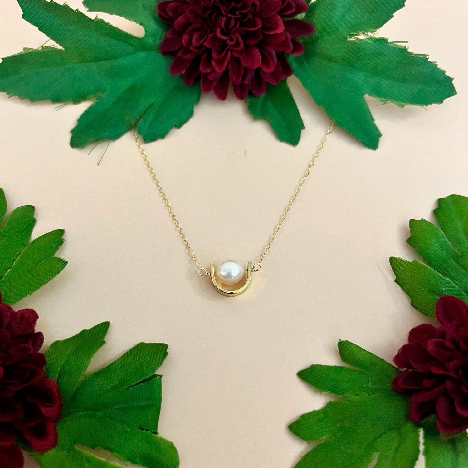 Cradled Pearl Necklace, 14k Goldfill