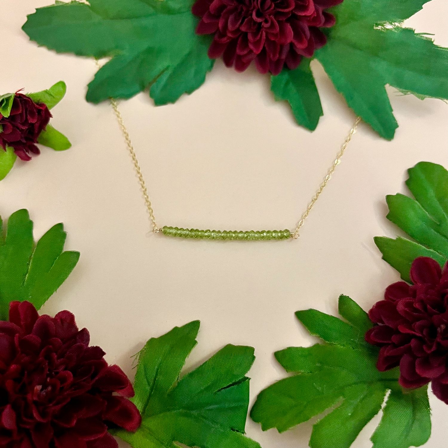 Peridot Row Necklace, 14k Goldfill