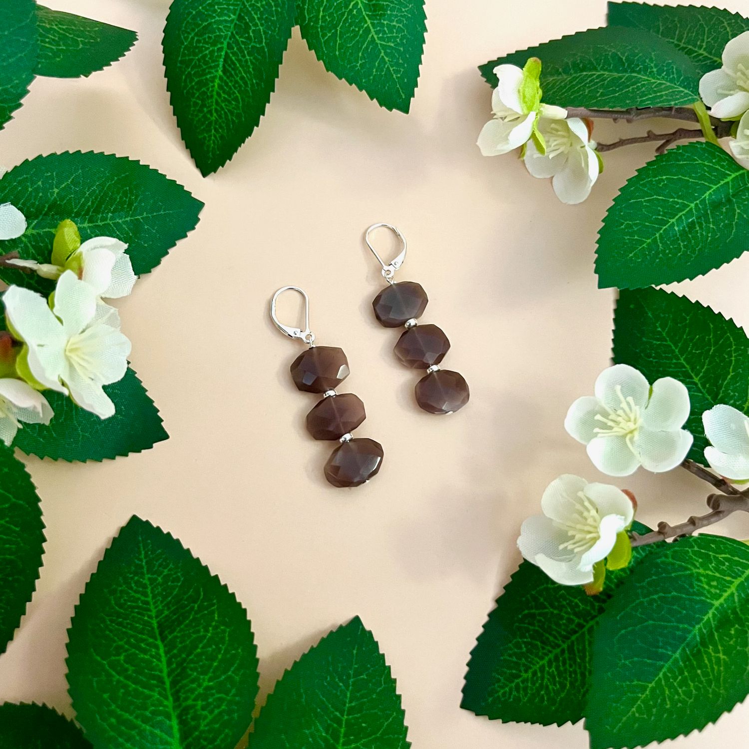 Silver Hazy Drop Earrings, Color: Chocolate Moonstone