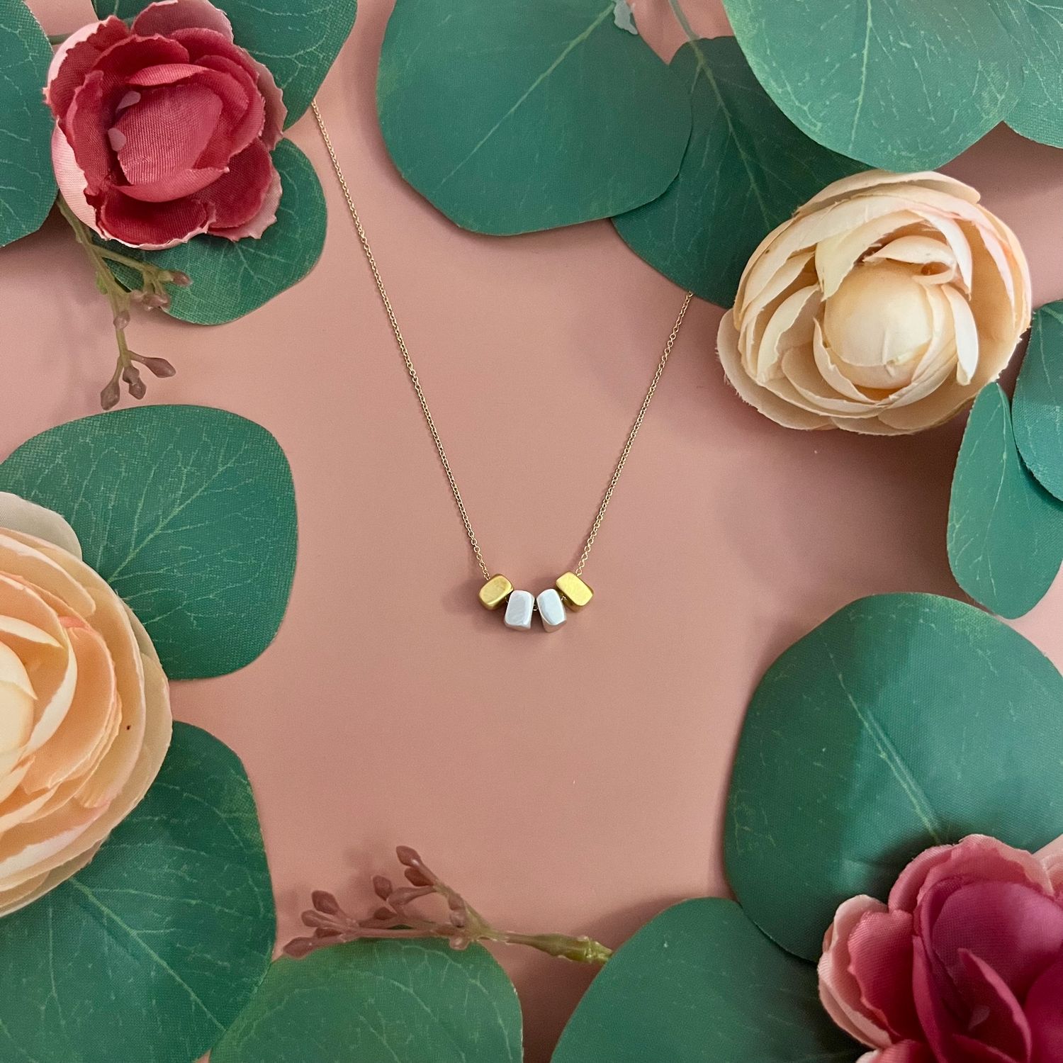 Handmade Four Cubes Necklace in Silver and Vermeil