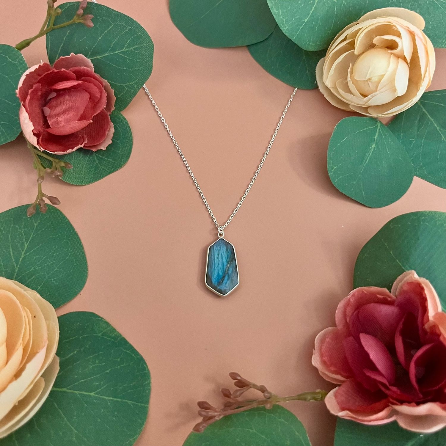 Handmade Labradorite Shield Necklace in Silver