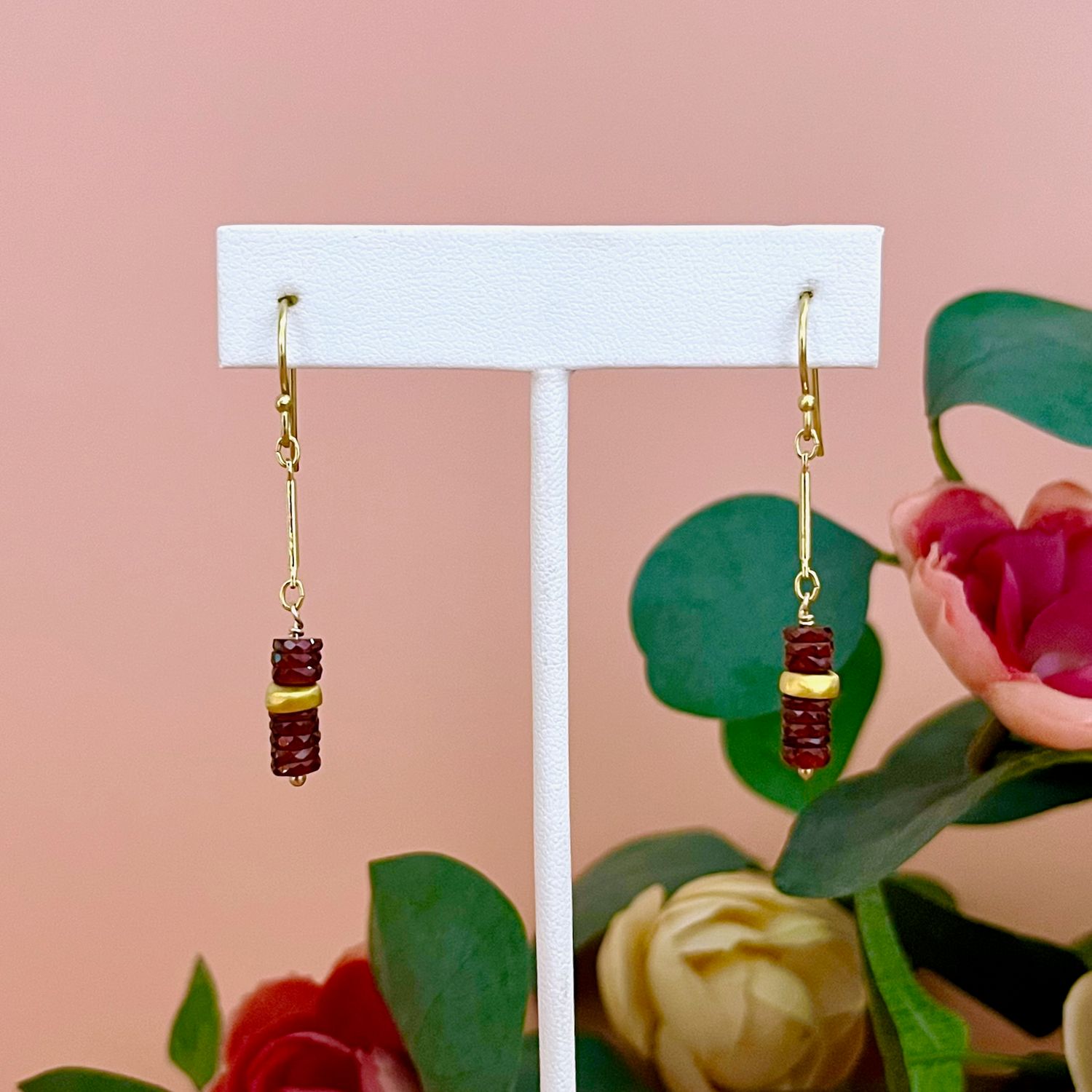 Handmade Garnet Barrels Earrings, Gold Vermeil