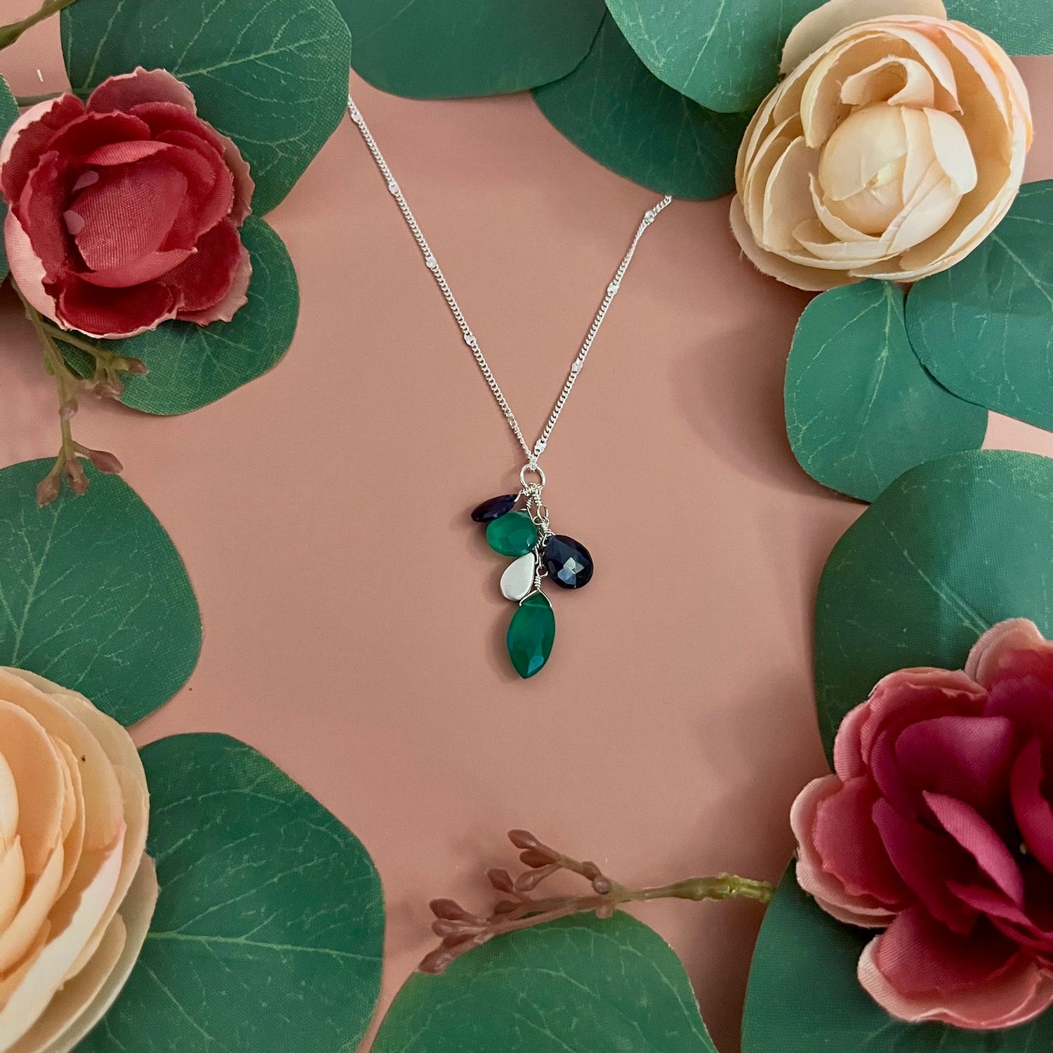 Handmade Sapphire &amp; Green Onyx Cluster Necklace, Style: Silver