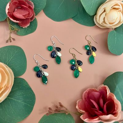 Handmade Sapphire &amp; Green Onyx Cluster Earrings