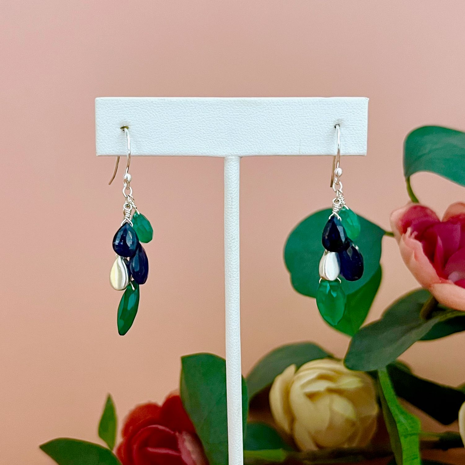 Handmade Sapphire &amp; Green Onyx Cluster Earrings, Style: Silver