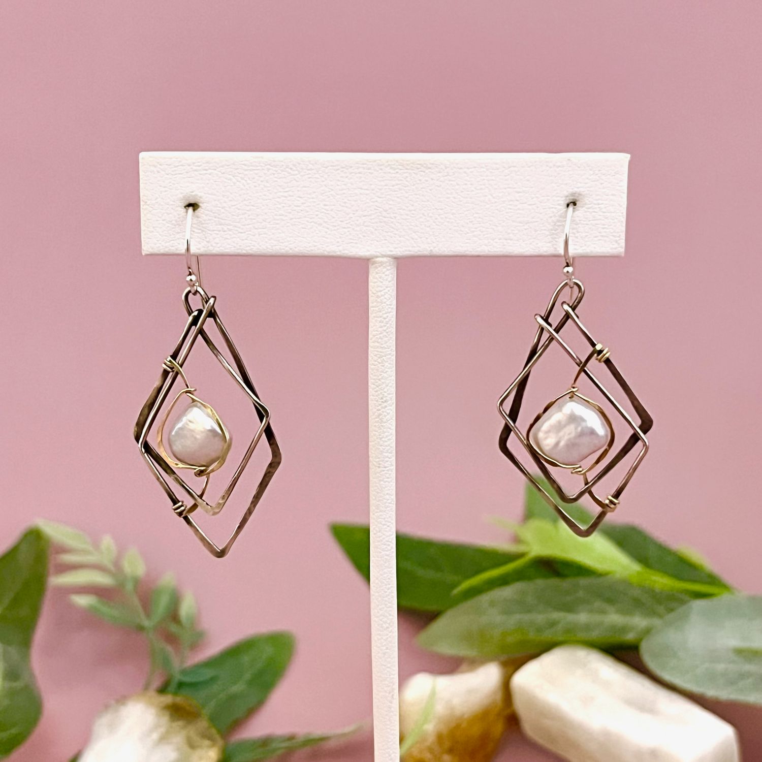 Handmade Charred Sincerity Pearl Oxidized Drop Earrings by Art by Any Means