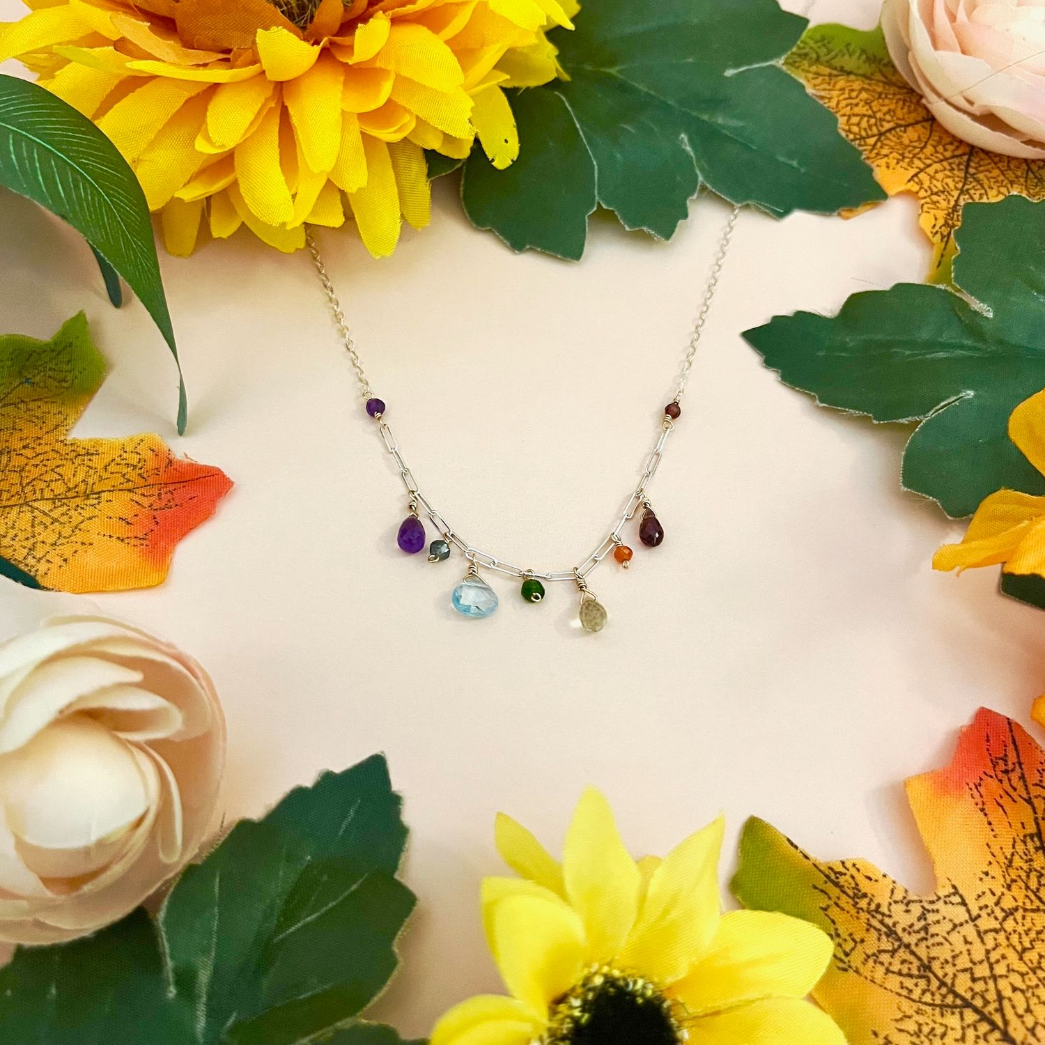 Rainbow Droplets Necklace, 16" + 2"