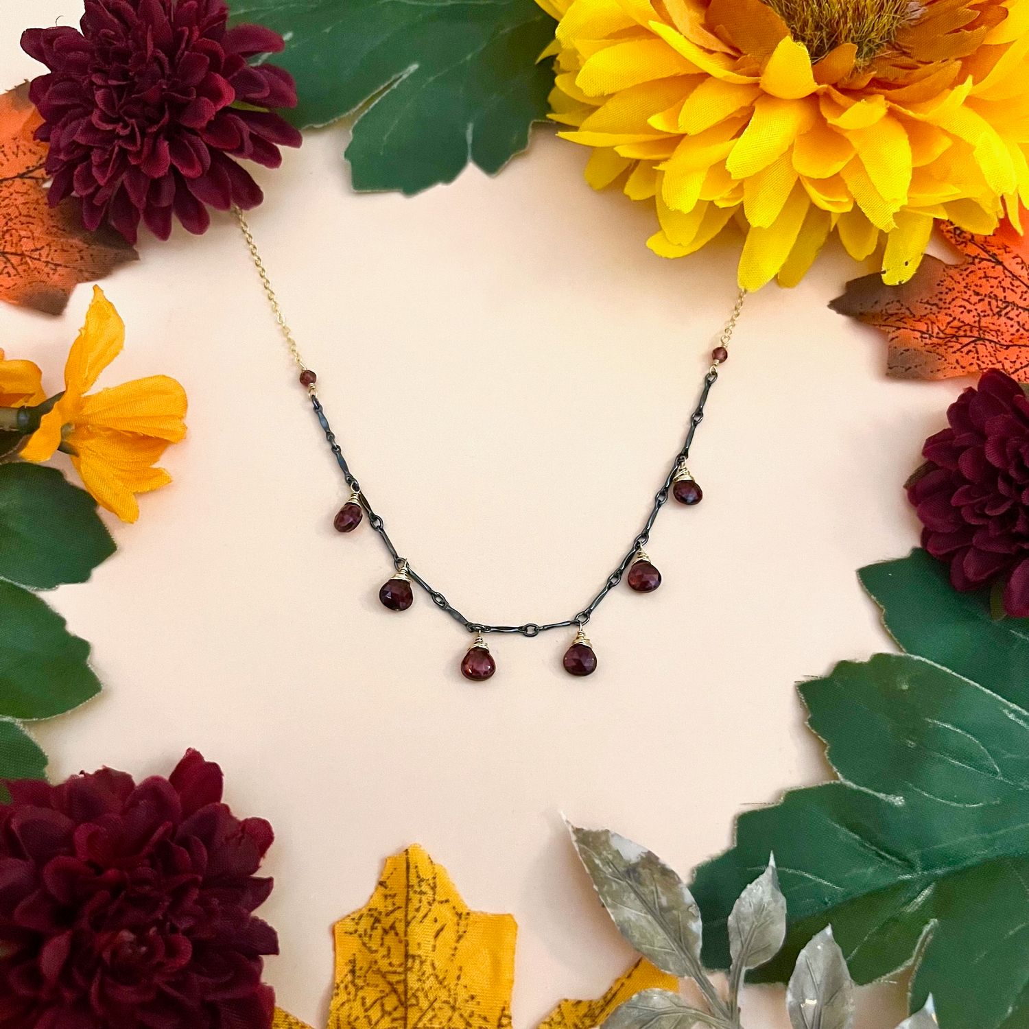 Petrified Forest - Garnet Droplets Necklace, 16" + 2"