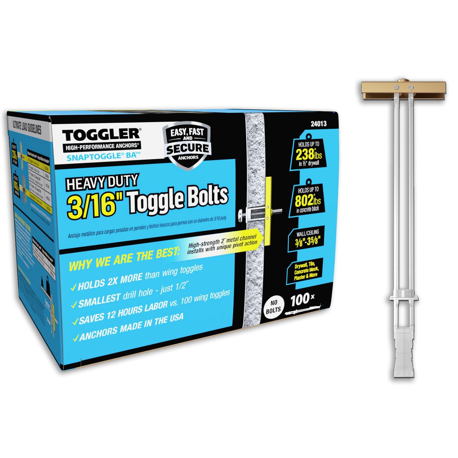 Toggler Drywall Toggle Anchor, Zinc-Plated Steel Channel Anchor Bolt, Diameter: 3/16&quot;-24 UNC (Pack of 100)