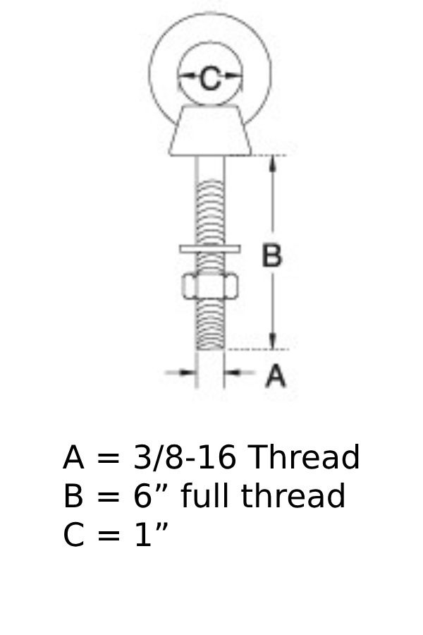 Stainless Eye Bolt, Diameter: 3/8", Length: 6"