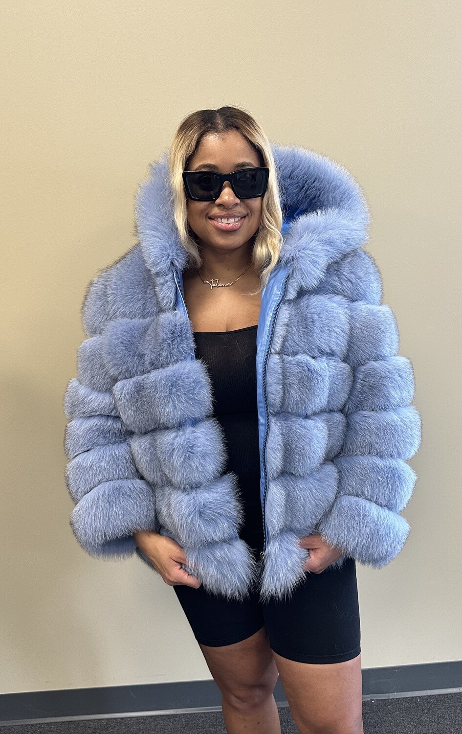 Baby blue fox jacket with hood