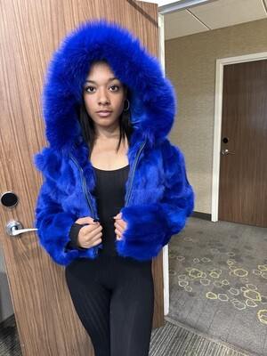 Royal blue fox sections crop jacket with fox trim hood