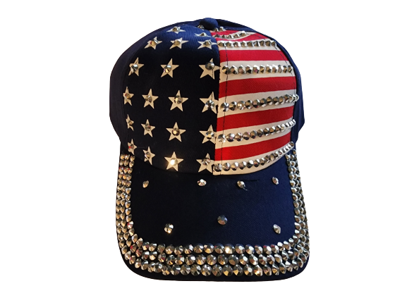 Woman&#39;s Bling American Flag Hat (Base Color Blue with Red and White)