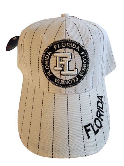 Florida Souvenir Hat with Emblem (White with Pin Stripe)