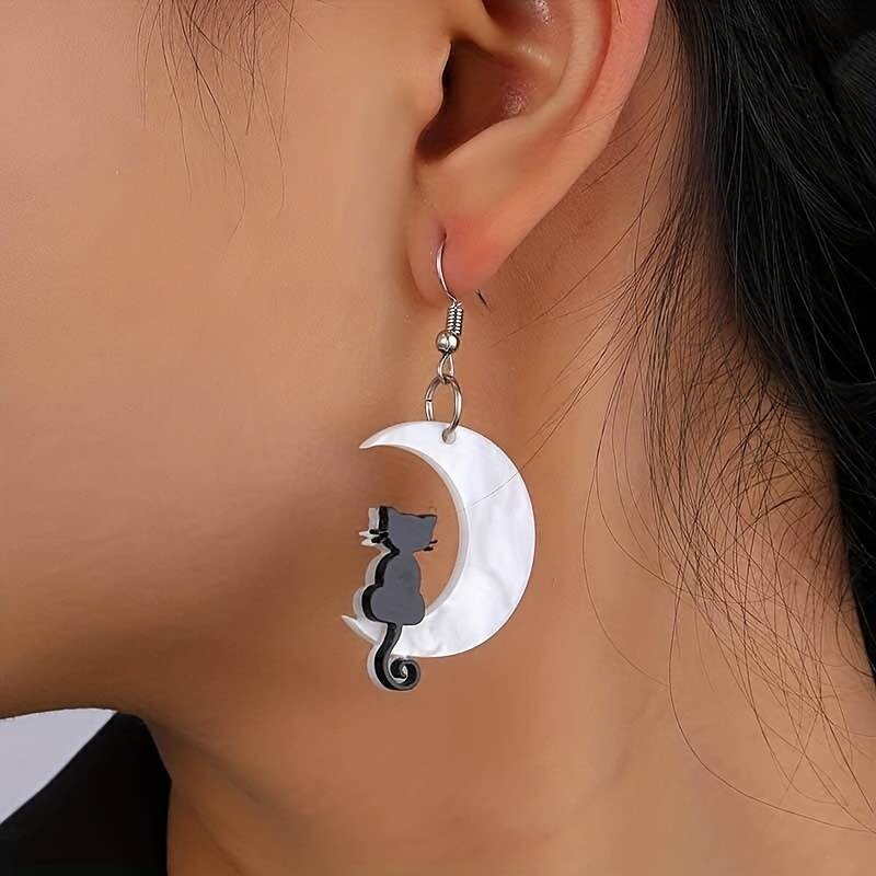 Acrylic black Cat On The Moon Earings