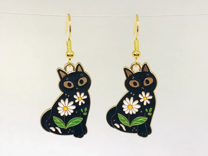 Black Flower Cat Long Bar Earings
