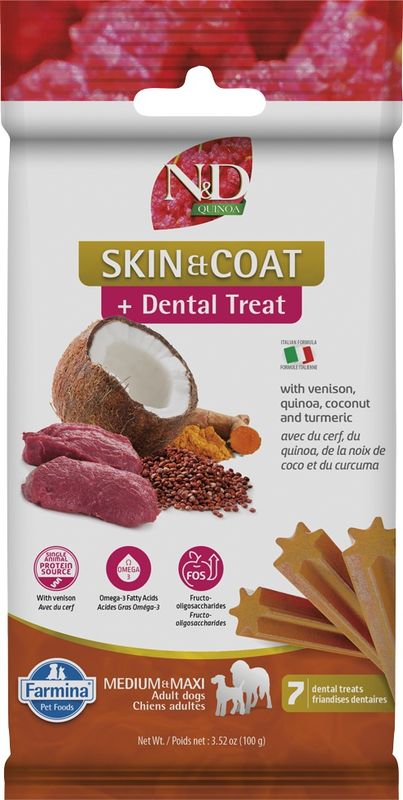 Farmina N&D Dental Treat Quinoa Skin & Coat Venison Med/Maxi Dog Treat 100g