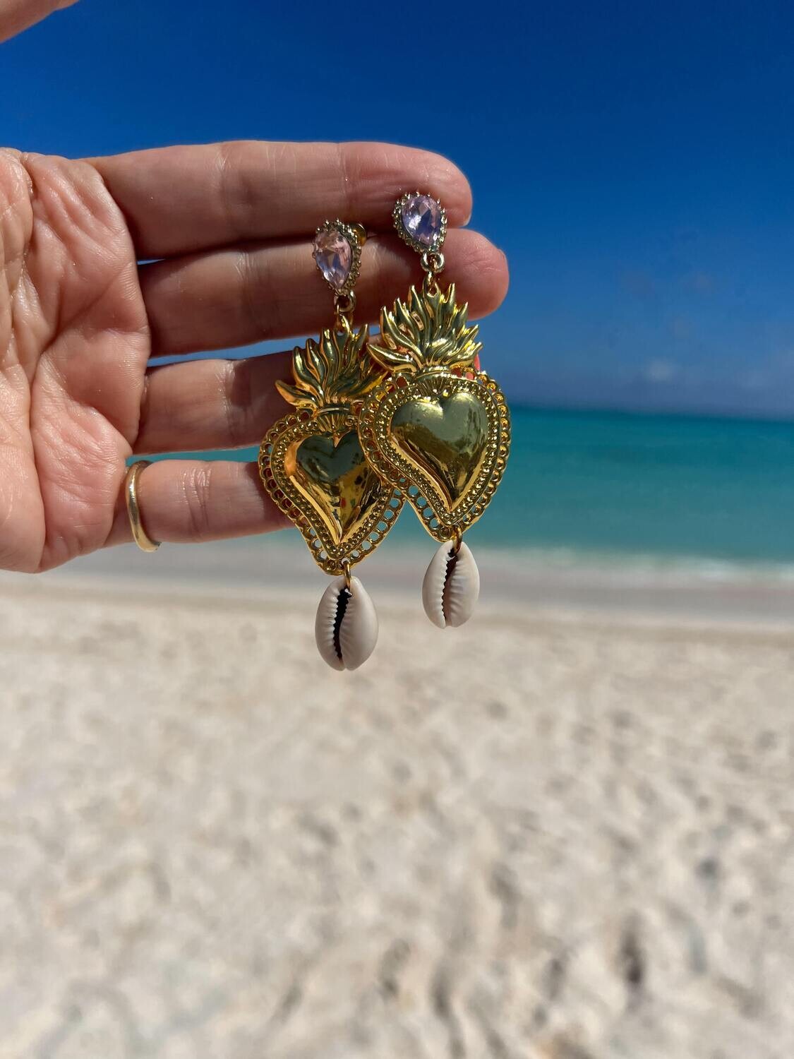 Brass Heart Seashell Earrings