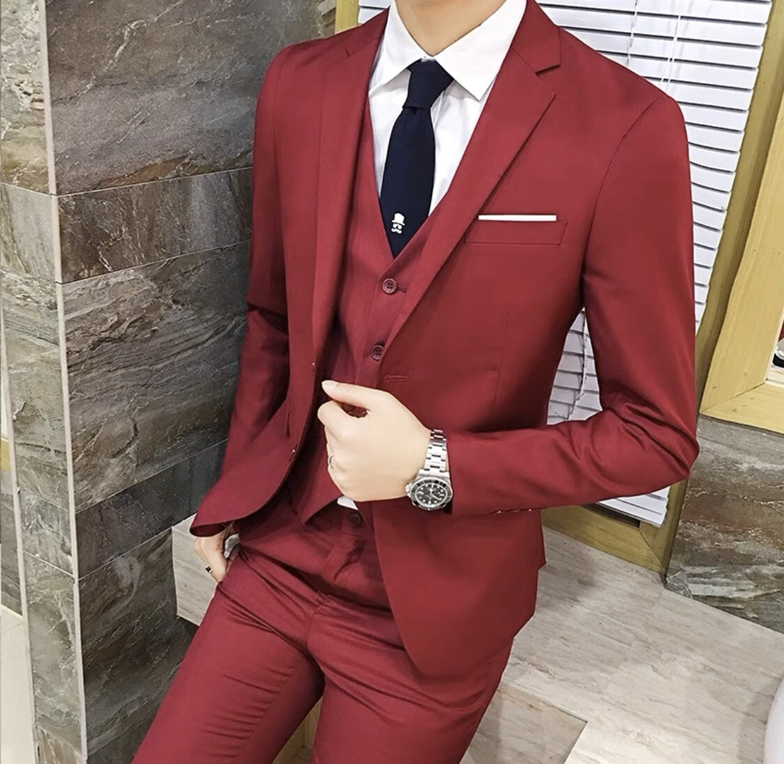新郎西服套裝男士修身商務正裝藍西裝男套裝伴郎結婚禮服Groom suit men&#39;s slim business formal wear blue suit men&#39;s suit groomsman wedding dress