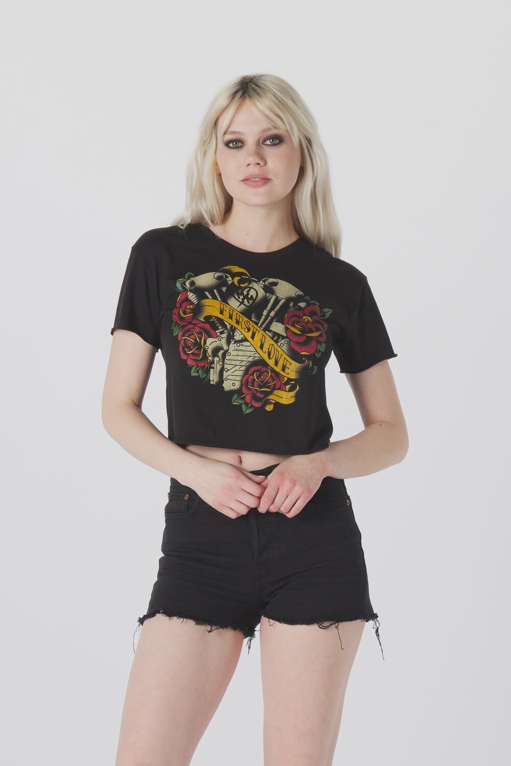 FIRST LOVE CROP TEE, Color: BLACK, Size: S