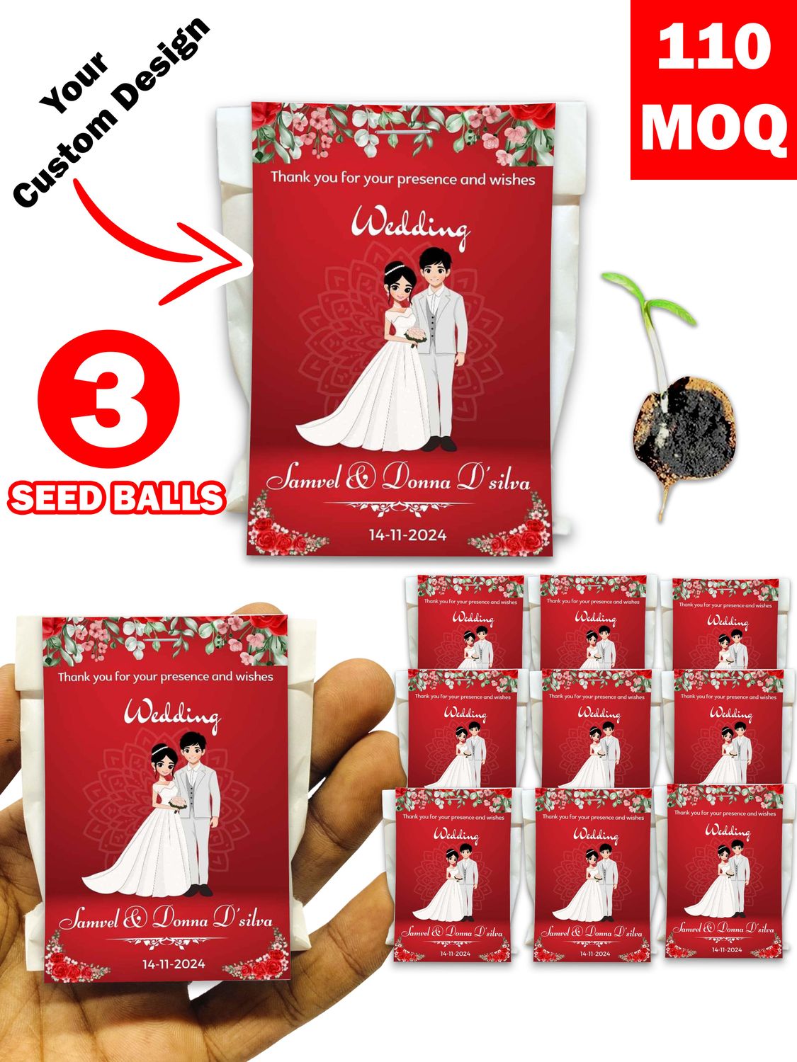 Personalized Paper Pouch Seed Balls Return Gift for Wedding | Pack of 3 Seed Balls