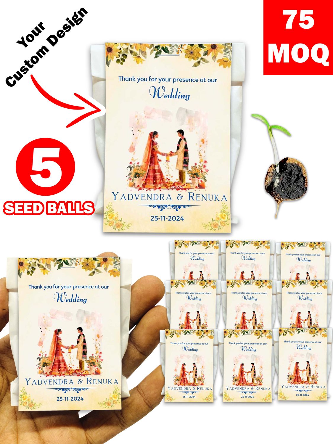 Personalized Paper Pouch Seed Balls Return Gift for Wedding | Pack of 5 Seed Balls