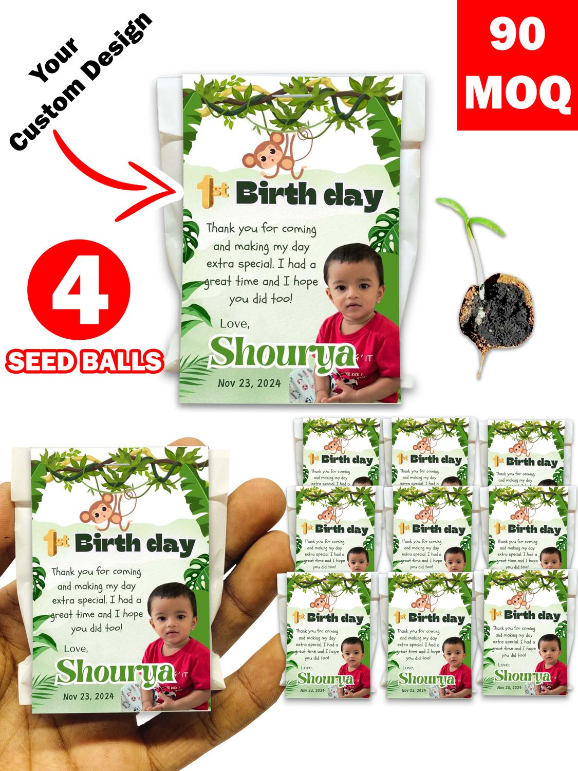 Personalized Paper Pouch Seed Balls Return Gift for Birthday | Pack of 4 Seed Balls