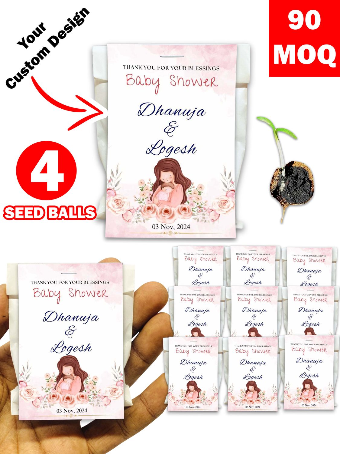 Personalized Paper Pouch Seed Balls Return Gift for Baby Shower | Pack of 4 Seed Balls