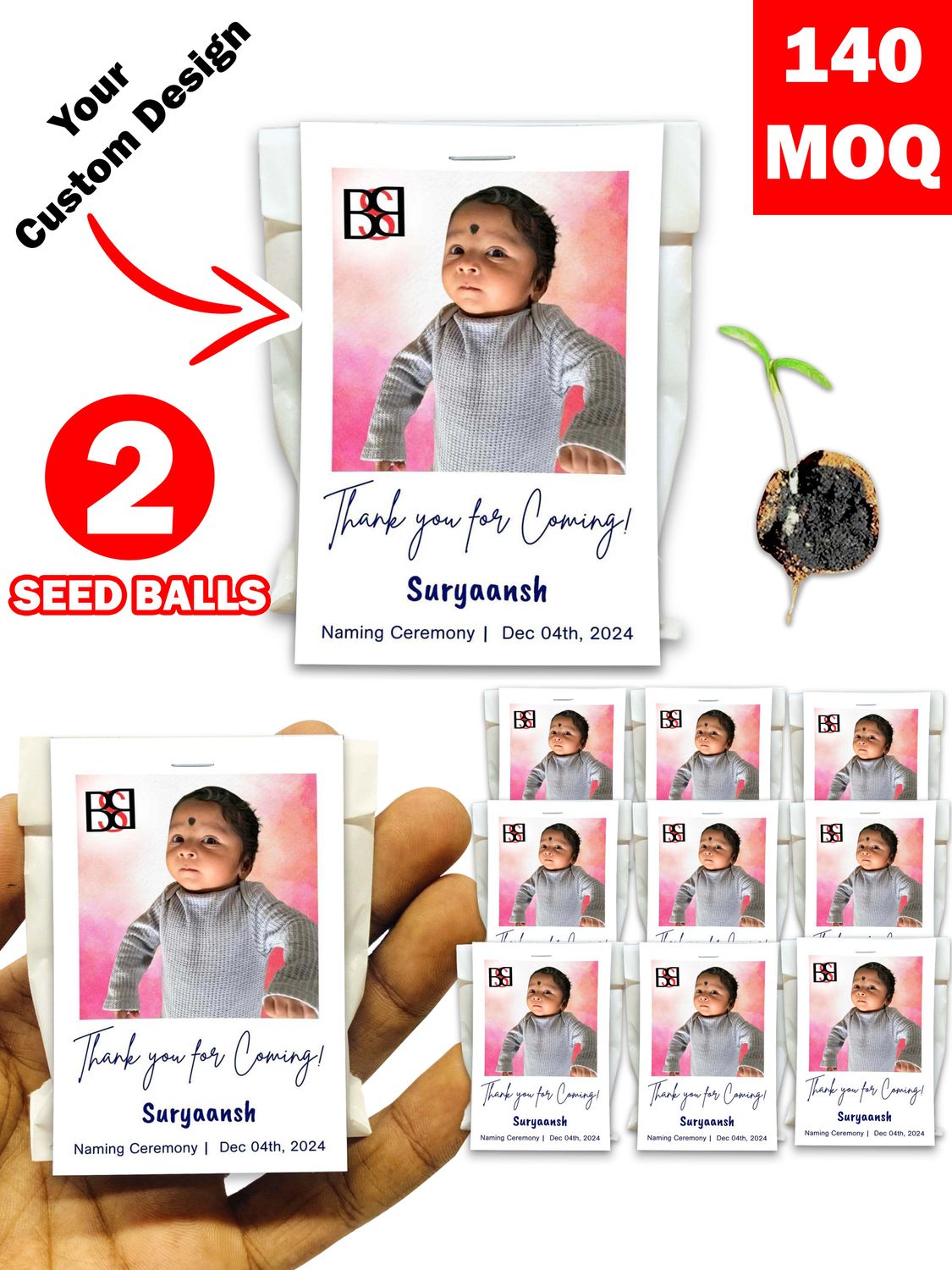 Personalized Paper Pouch Seed Balls Return Gift for Naming Ceremony | Pack of 2 Seed Ball