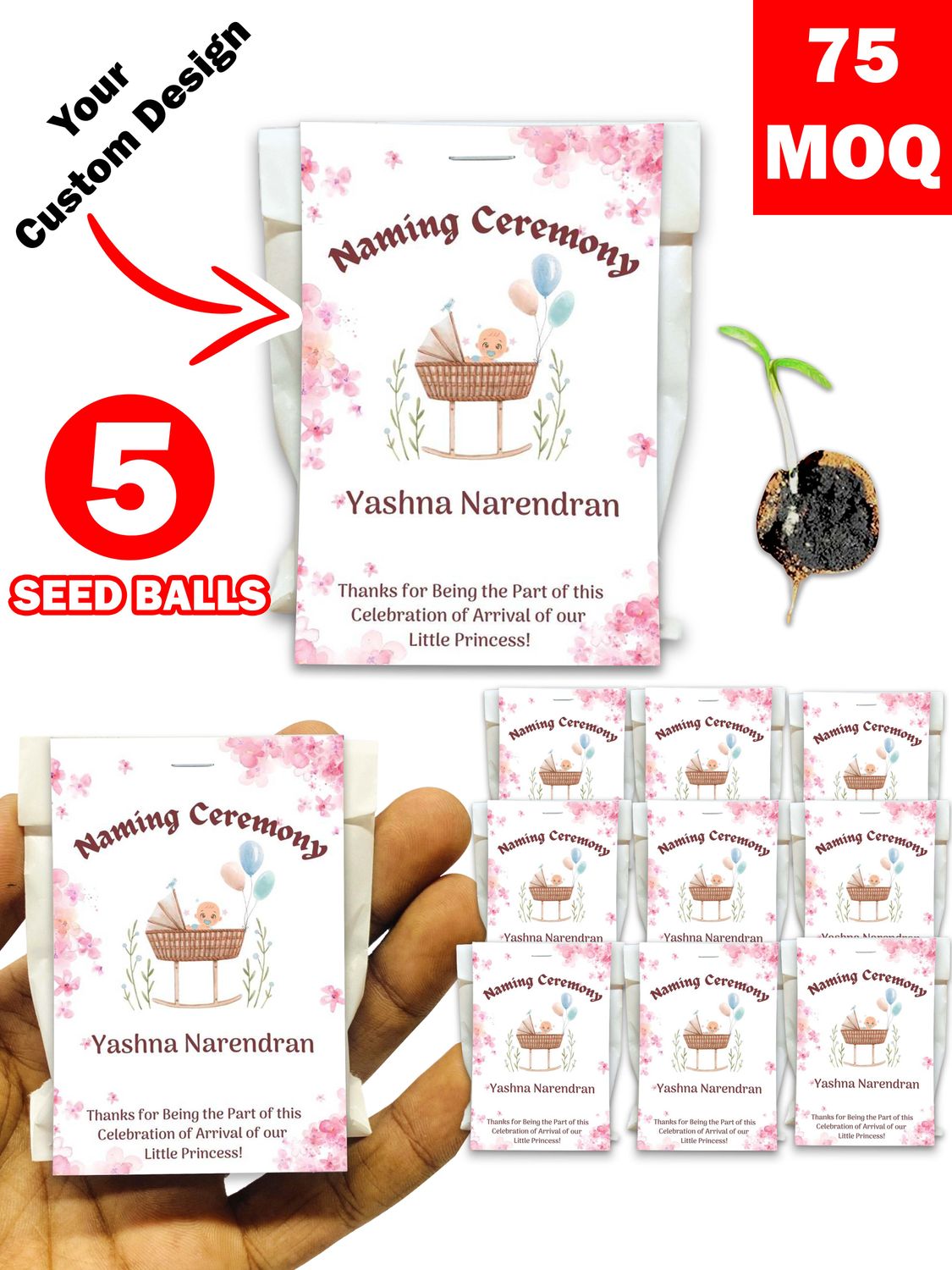 Personalized Paper Pouch Seed Balls Return Gift for Naming Ceremony | Pack of 5 Seed Balls