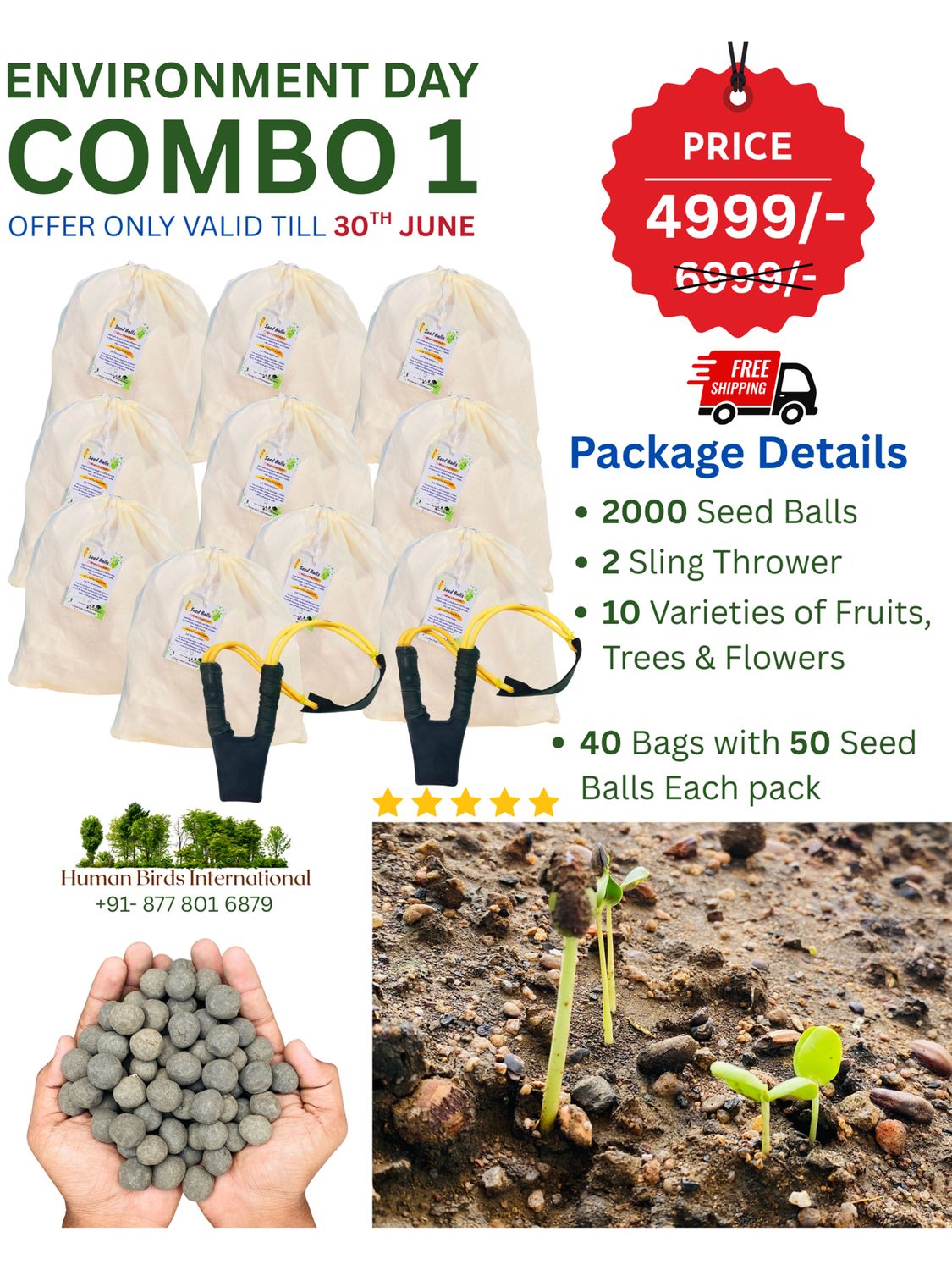 Human Birds International® Branded Environment Day Value Pack Seed Balls Bulk Pack | 2000 Seed Bombs (10 Varieties Trees, Fruits, Flowers) + 2 Sling Throwers