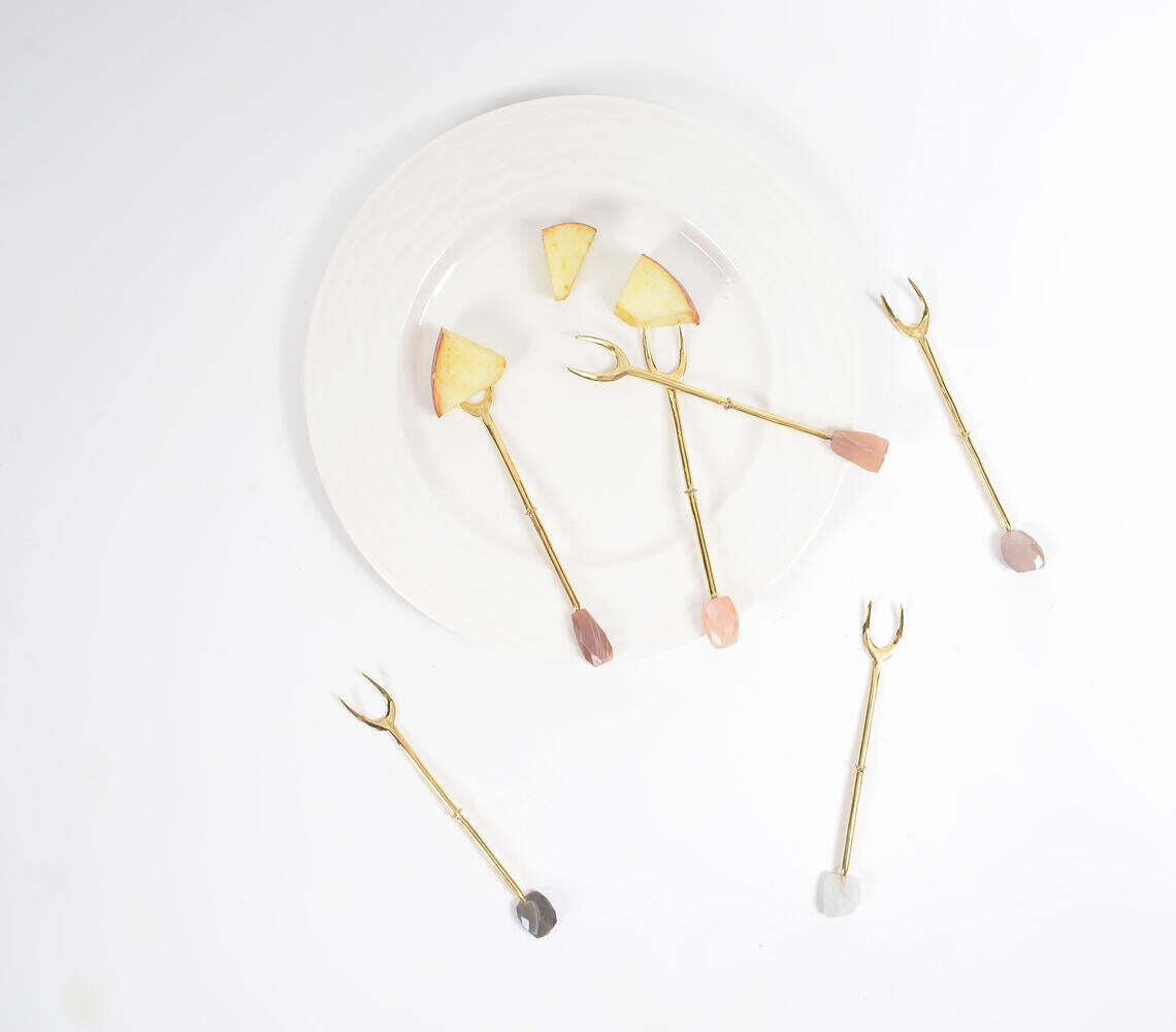 Hand-Cut Moonstone & Brass Appetizer Forks (Set of 6)