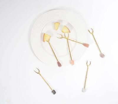 Hand-Cut Moonstone & Brass Appetizer Forks (Set of 6)