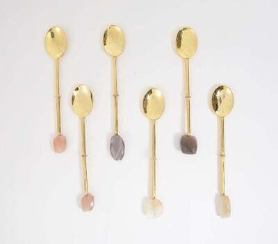 Hand-Cut Moonstone & Brass Appetizer Spoons (Set of 6)