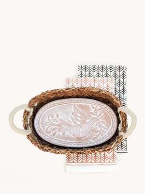 Terracotta Bread Warmer & Basket with Tea Towel - Bird & Branch (Oval)