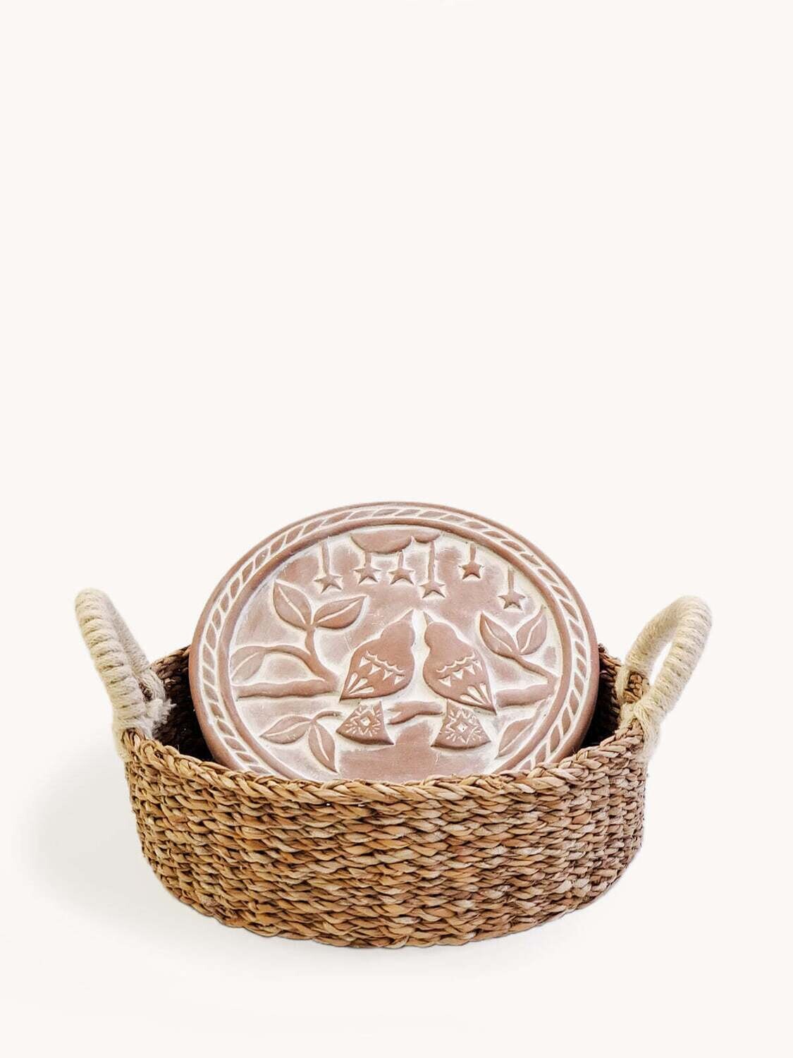 Terracotta Bread Warmer & Basket - Lovebirds (Round)