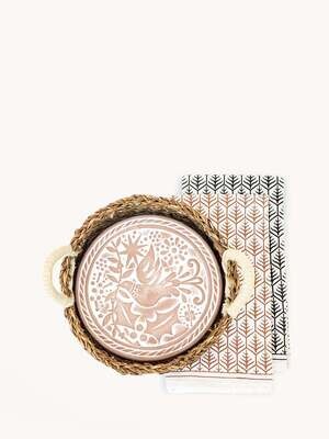 Terracotta Bread Warmer & Tea Towel - Bird & Twig (Round)
